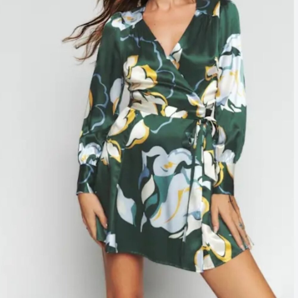 NWOT Reformation Chrissy Dress Floral Silk Wrap Mini Dress in Lyra Green XS $278 - Picture 2 of 14